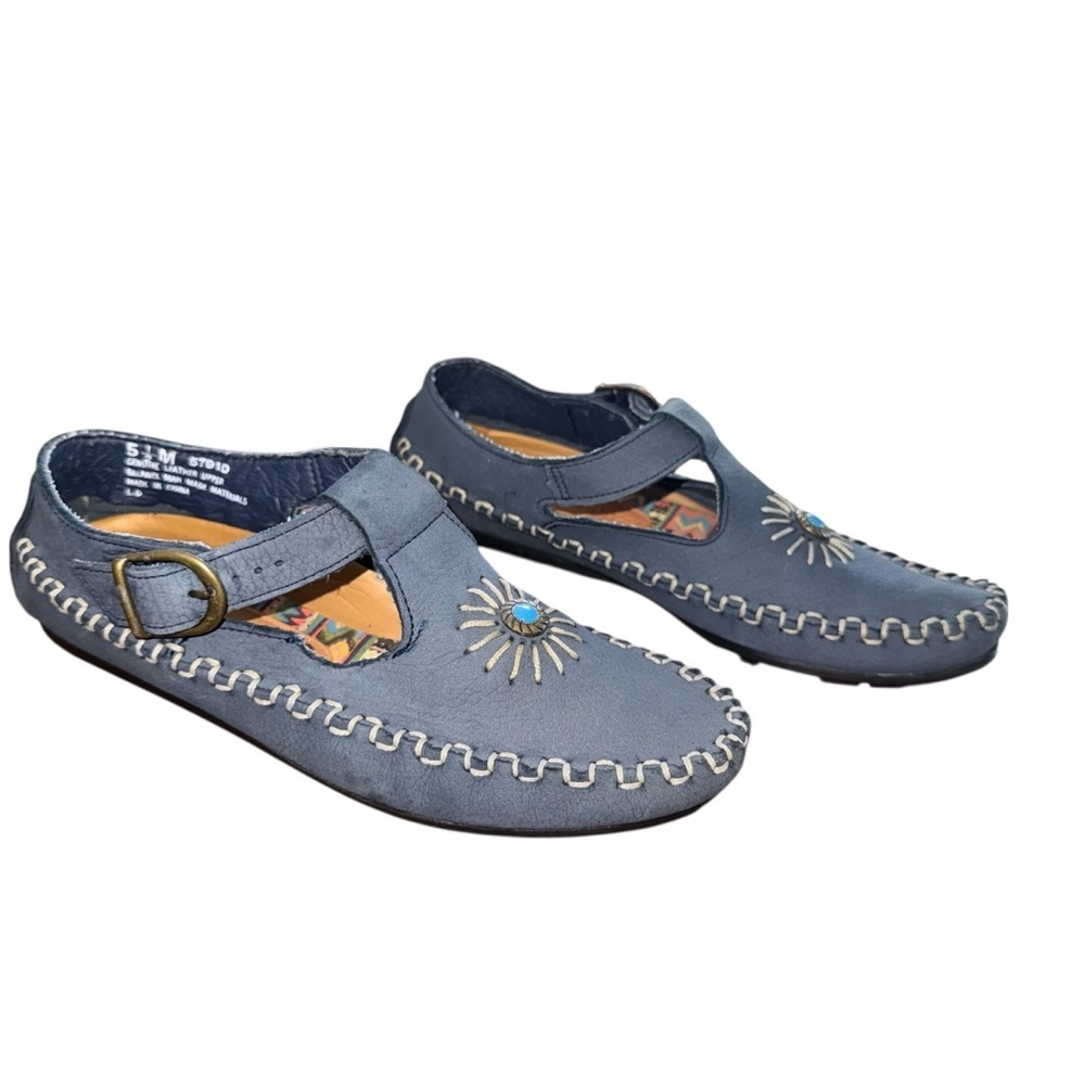 Women’s Hush Puppies Blue Leather moccasins 5.5 Woven Stitch Turquoise Detail - Picture 3 of 8